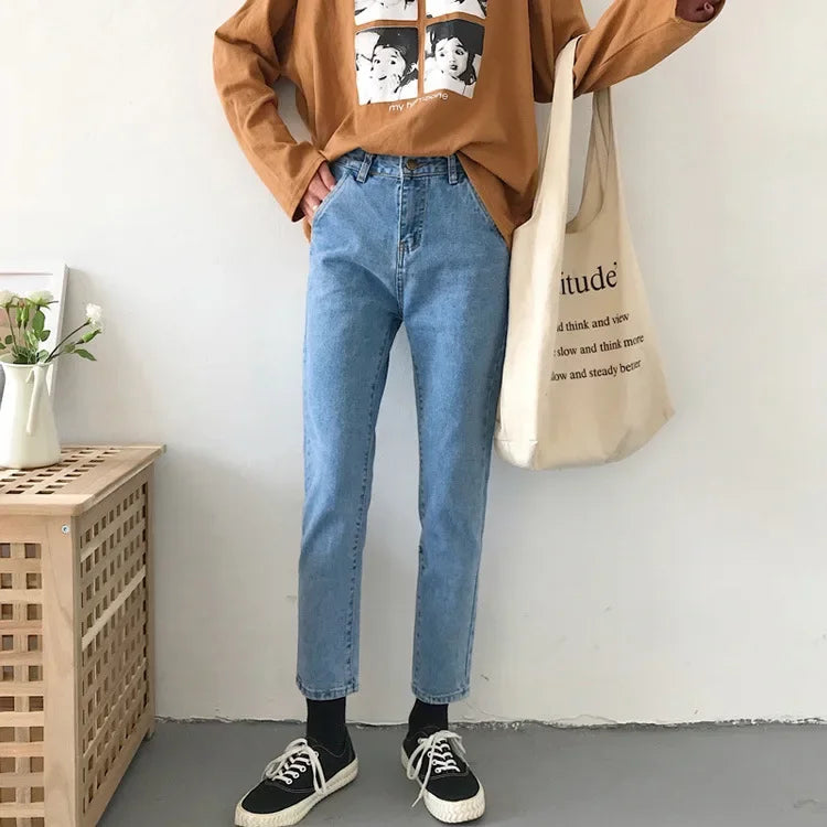 Pantalones vaqueros rectos de cintura alta, holgados, informales, de corte petite, color negro, para mujer, primavera y otoño de 2024