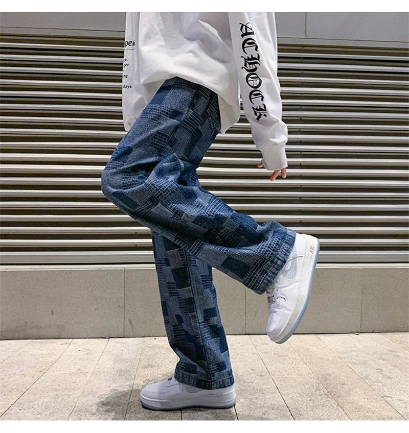 Autumn Blue Black Plaid Jeans For Men Y2K Vintage Wide-leg Jean High Street Loose Straight Denim Trousers Hip Hop Pantalones