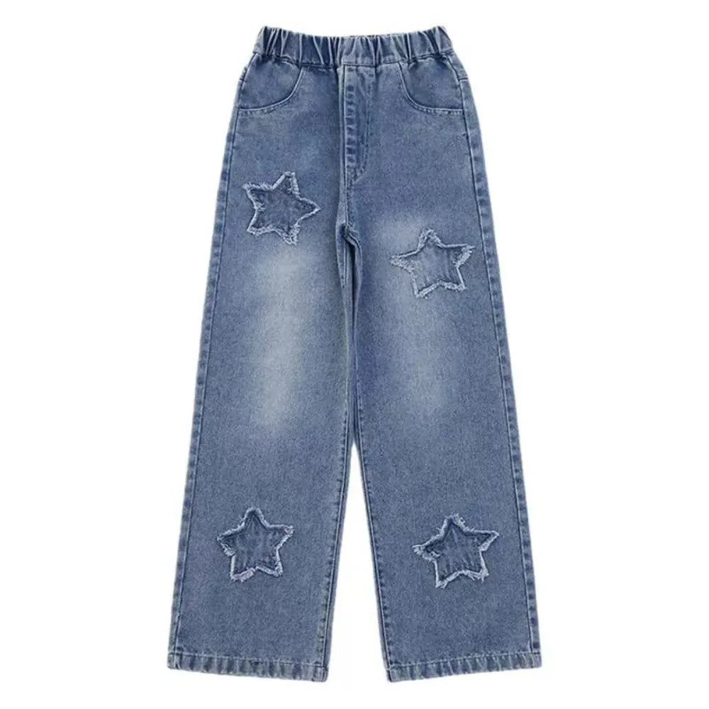 Embroidered Stars Teens Girl Jeans Loose Wide Leg Children Y2K Jeans High Waist Cowboy Pants Girls Denim Trousers Streetwear