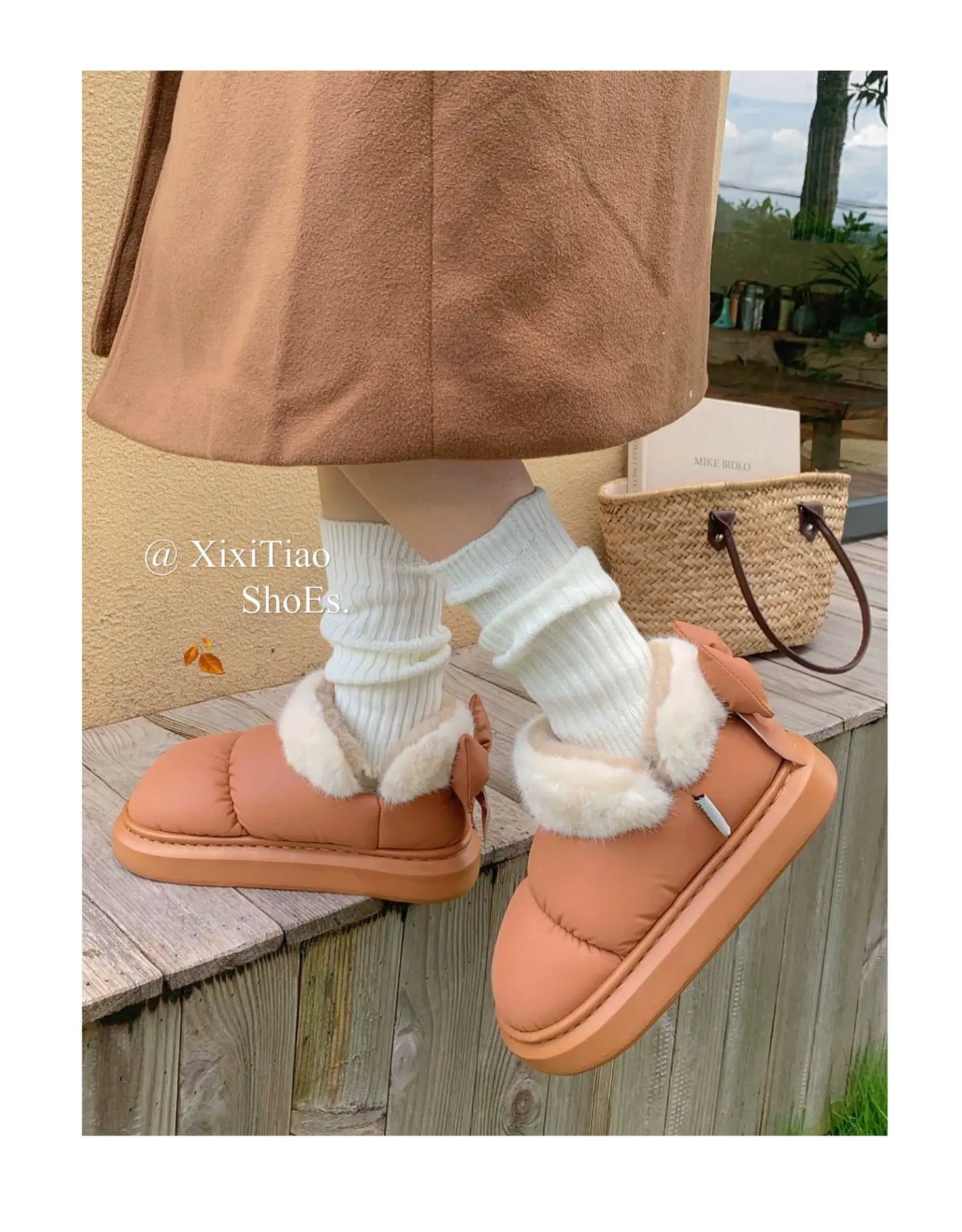 Bow Knot Short Ankle Snow Boots Women Winter Plush And Thick Insulation Waterproof PU Cotton Household Shoes Home Slipper Women