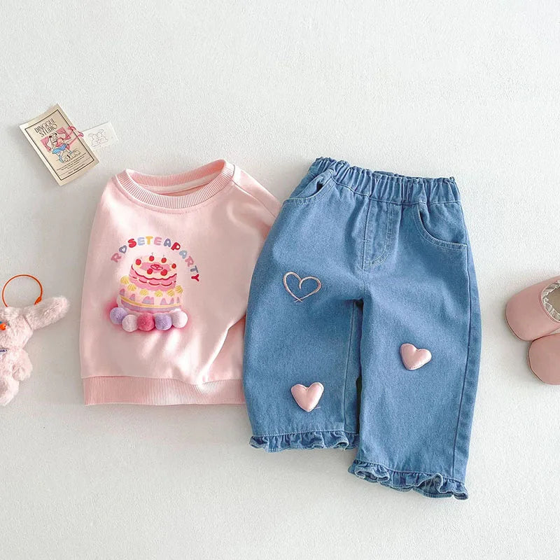 Pantalones vaqueros de estilo coreano para niñas de 0 a 5 años, con dobladillo con volantes y cintura elástica, primavera 2025