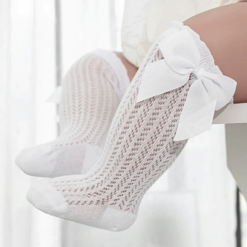 0-2Years Baby Girl Socks with Bow Summer Toddler Baby Cotton Mesh Knee Socks Newborn Infant Non-slip Baby Princess Long Socks