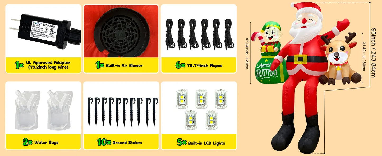 Decoraciones navideñas inflables para exteriores OurWarm de 2.4 metros (8 pies): Papá Noel sentado con elfos y renos, ideal para fiestas navideñas en el jardín o patio.