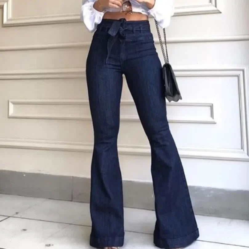 Pantalones vaqueros de mujer, de color liso, de cintura alta, acampanados, con cremallera, bolsillos planos, ropa de calle, ajustados, con botones y cinturón ligeramente elástico