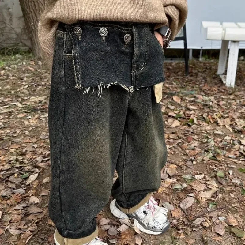Spring and Autumn Boys' Integrated Velvet Jeans New Korean Splicing Children's Autumn and Winter Thick Velvet Denim Pants