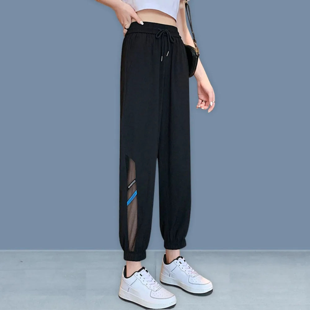 Fashion Straight Casual Drawstring Pants Streetwear Quick Dry Wide Leg Loose Pants Mesh Hollow Mesh Sweat Pants Women Sports