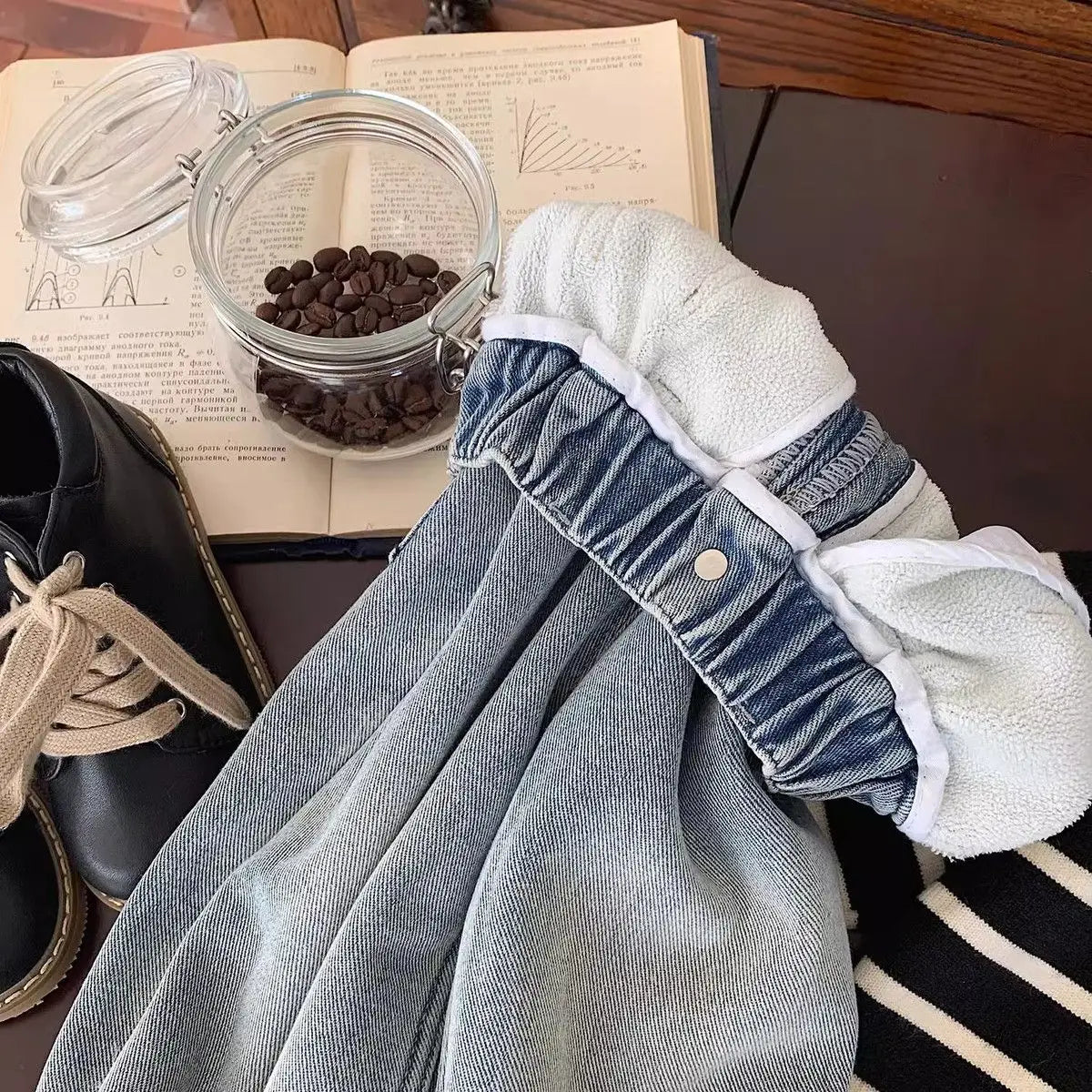 New Boys' All in One Fleece Jeans Autumn and Winter Children's Stylish Warm Pants Kids Handsome Elastic Trousers