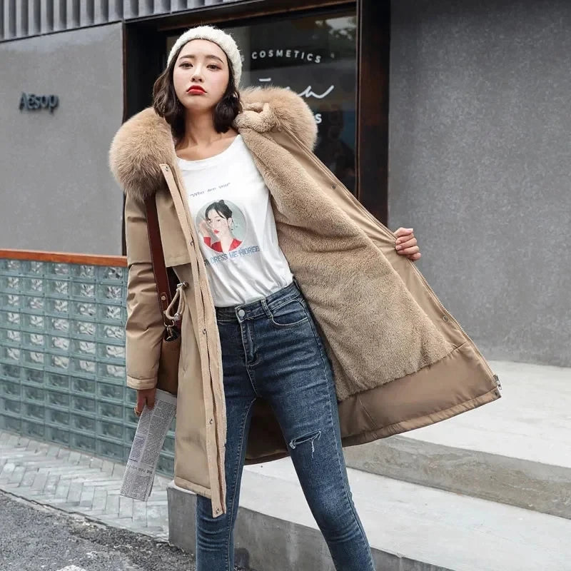 Women Winter Jacket Parka Clothes Loose Long Coat Wool Liner Hooded Jacket Fur Collar Warm Thick Snow Wear Oversize Padded Parka