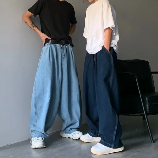 Men Wide Leg Pant Jeans Long Denim Pants Straight Trousers Elastic Waist Pocket Loose Casual Regular Solid Splice Autumn Winter