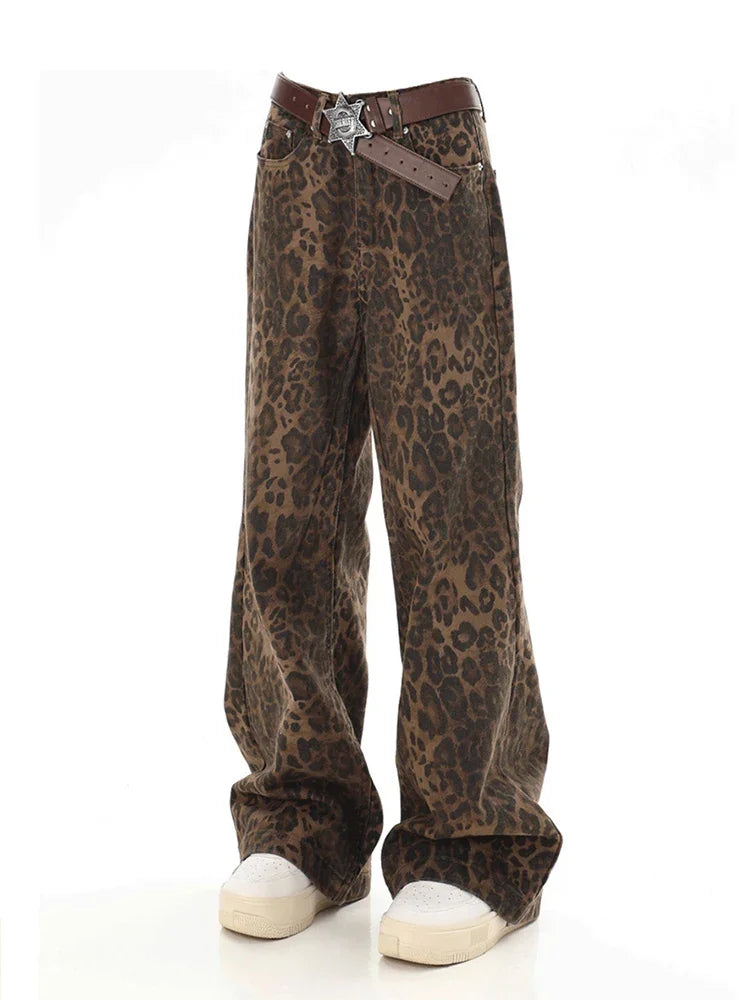 Baggy Leopard Jeans Coquette y2k clothes Women High Waisted Casual Wide Leg Denim Pants Fashion Streetwear Retro Straight Jeans