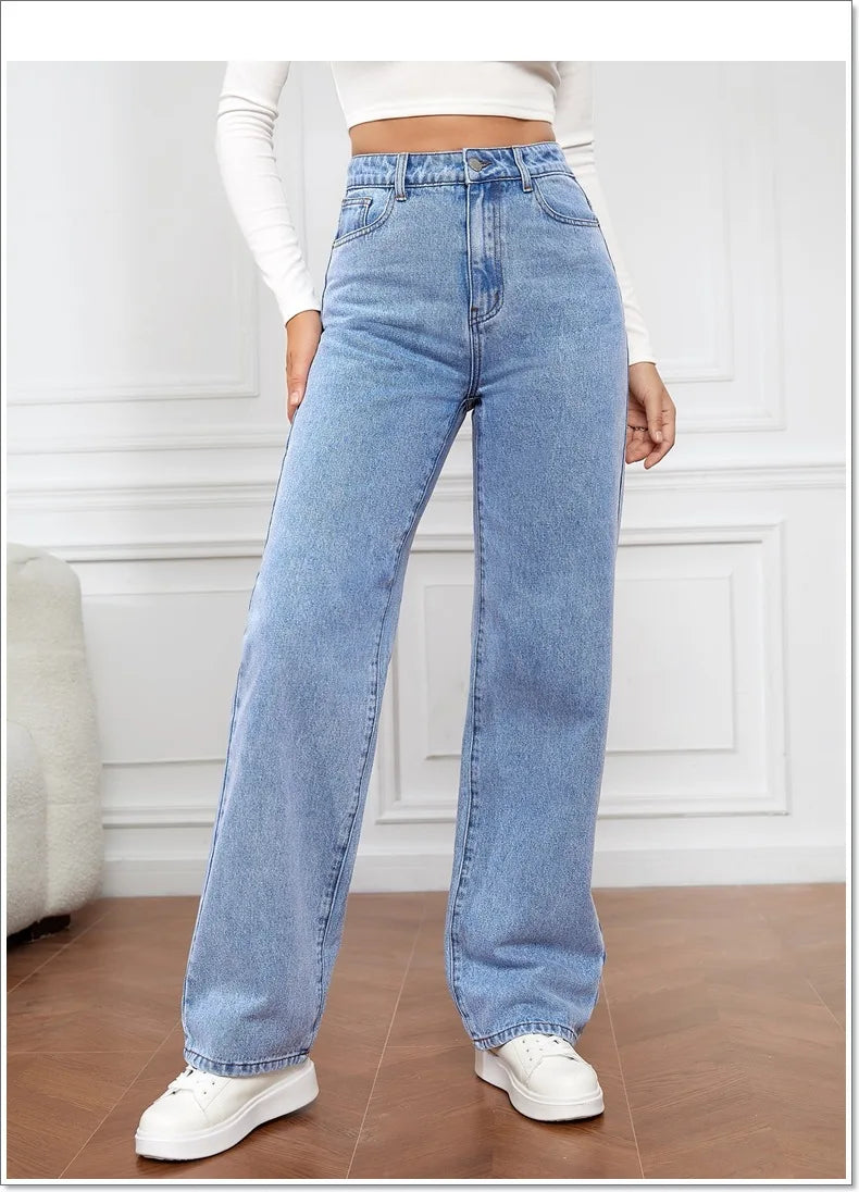 Straight High Waist Jeans Women 2024 New Leg Pockets Basics Ankle Length Pants Y2k Denim Trousers Vintage Blue Washed Jeans