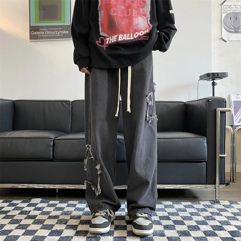 American Retro Star Embroidery Jeans Men's Baggy Hip Hop Fashion Denim Pants 2025 New Casual Y2K Streetwear Straight Trouser