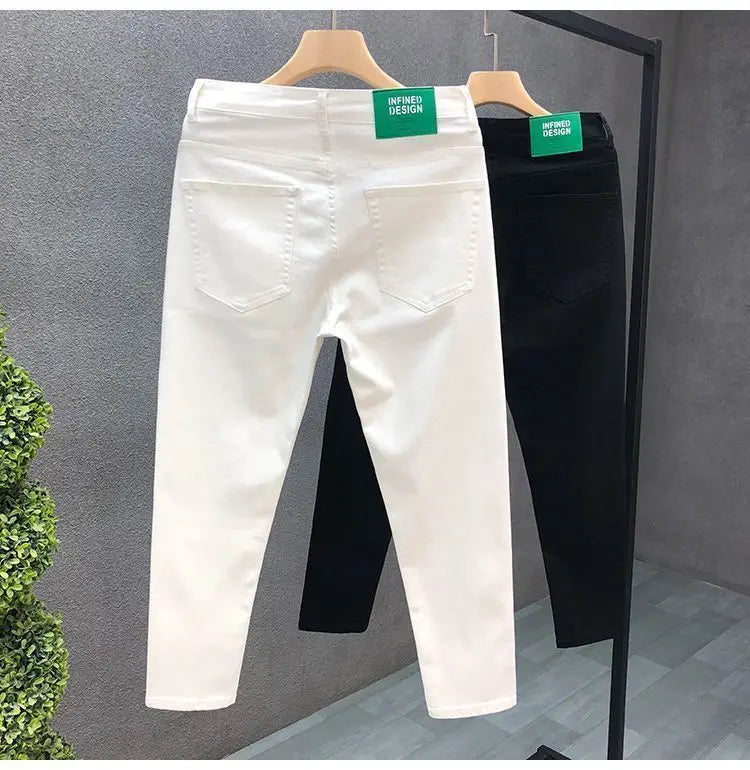 Fashion Luxury Designer Men's White Black Jeans Slim Fit Korean Style Stretch Denim Pants for Summer  Stretch  Skinny Jeans Male