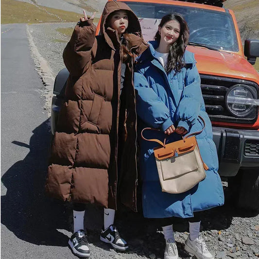 New Winter 2024 Women's Long Jacket Jacket Thickened Korean Loose Stylish Windproof Warm Hooded Down Cotton Jacket Coat