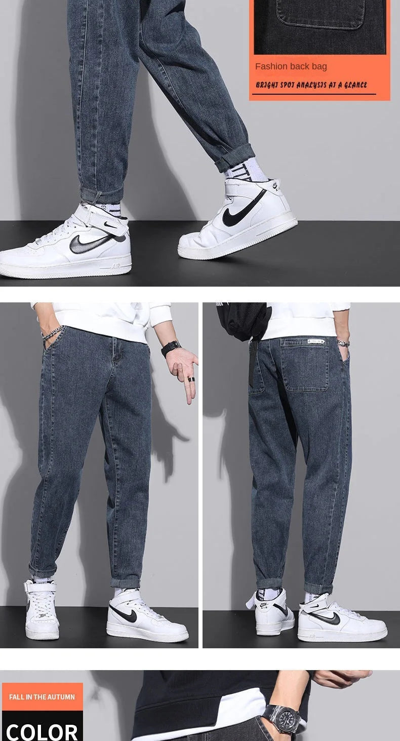 2024 New Arrival Drawstring Gym Clothing Men's Loose Cowboy Leg Jeans Spring Autumn Denim Casual Harem Pants Youth Trendy Jeans