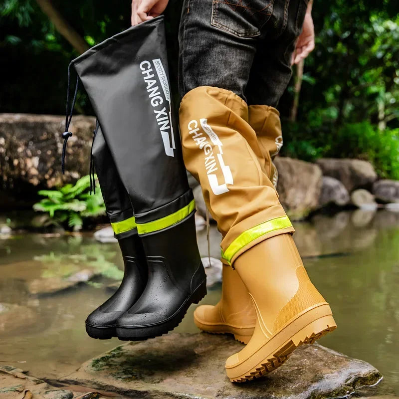 Botas de lluvia para hombre, botas de lluvia hasta la rodilla, impermeables, para pesca, de goma, tipo galocha, de caña larga.