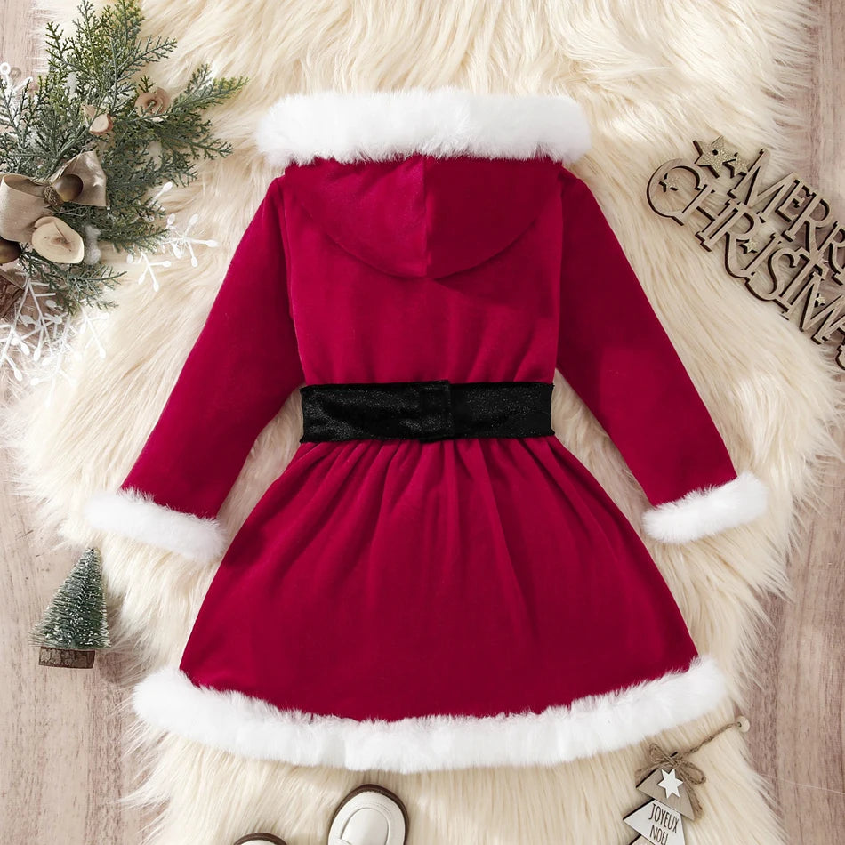Children Christmas Party Dress Velvety with Fluffy Trim Hooded V-Neck Xmas Gown with Waist Bow Girl Red Christmas Dress