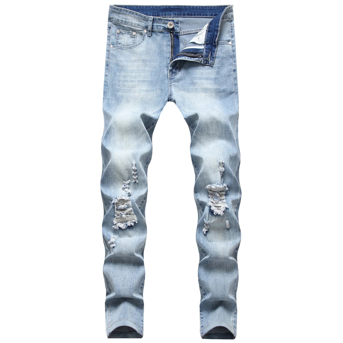 Punk Street Style Ripped Skinny Jeans Men Vintage Wash Solid Denim Trouser Mens Casual Slim Fit Pencil Denim Holes Pants 2024
