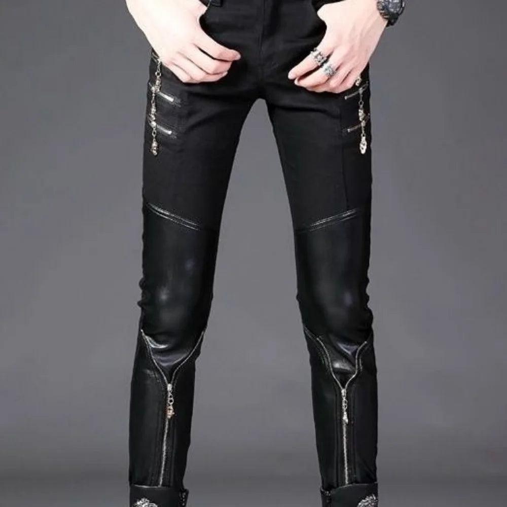 Luxury Men's Jeans Korean Style Slim Jeans for Men New Casual Black with PU Leather Splice and Zipper Desinger Nightclub Pants