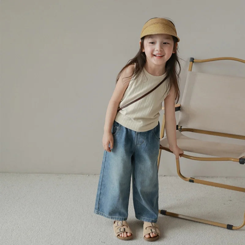 Pantalones vaqueros de cintura alta y pierna ancha para niñas de 3 a 8 años, lisos, con múltiples bolsillos y cintura elástica, pantalones vaqueros casuales de moda para niños.
