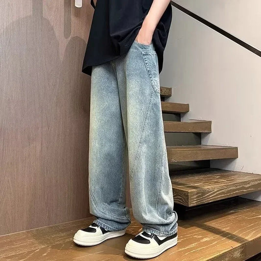 New Vintage Men‘s Patchwork Baggy Jeans Draped Straight-leg Denim Trousers Autumn Korean Fashion High Street Casual Y2K Jean