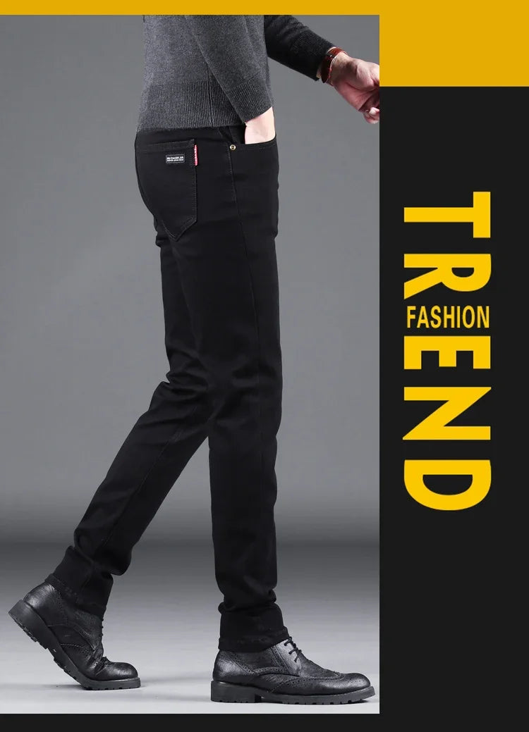 Pantalones vaqueros ajustados negros puros para hombre, pantalones rectos elásticos, moda de negocios, pantalones vaqueros vintage coreanos para hombre, primavera y otoño