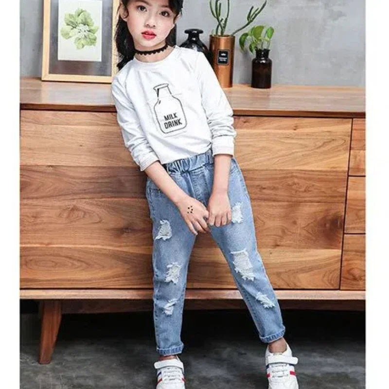 Pantalones vaqueros de moda para niños, vaqueros rotos para adolescentes, pantalones con agujeros, ropa informal para niños, pantalones vaqueros atractivos para primavera y otoño para niños y niñas.