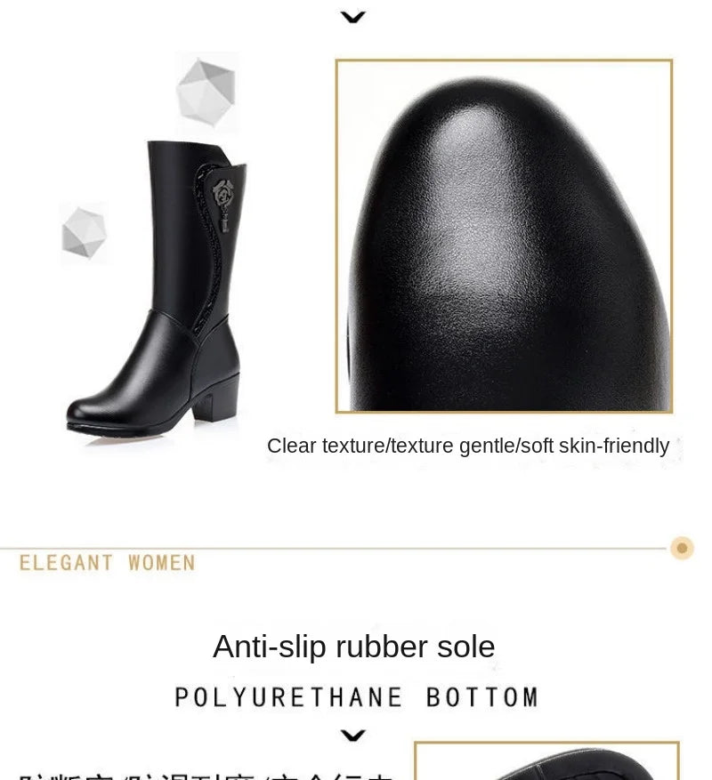 Winter Women's Boots Plush Warm Snow Boots Fashion Mid-calf High Heel Boots for Women High-quality Leather Boot Botas Mujer