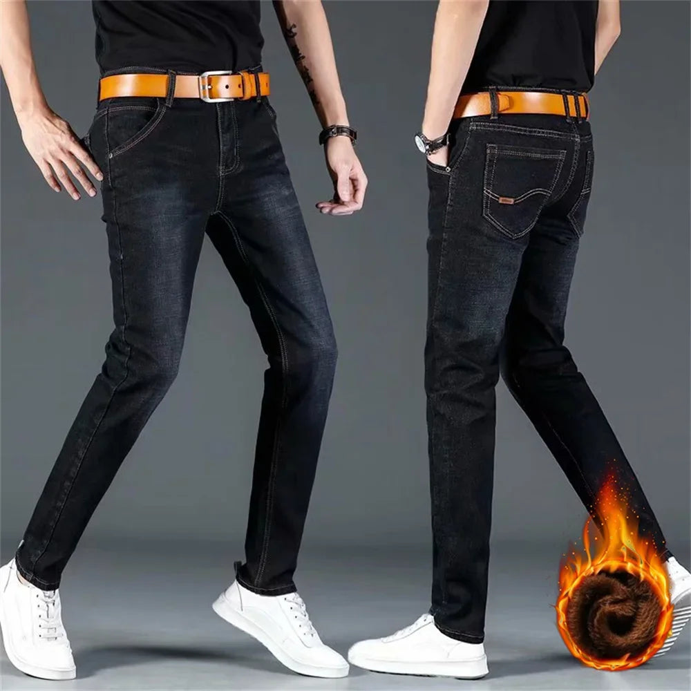 Pantalones vaqueros de invierno para hombre, de franela elástica, de alta calidad, informales, a la moda, Y2K