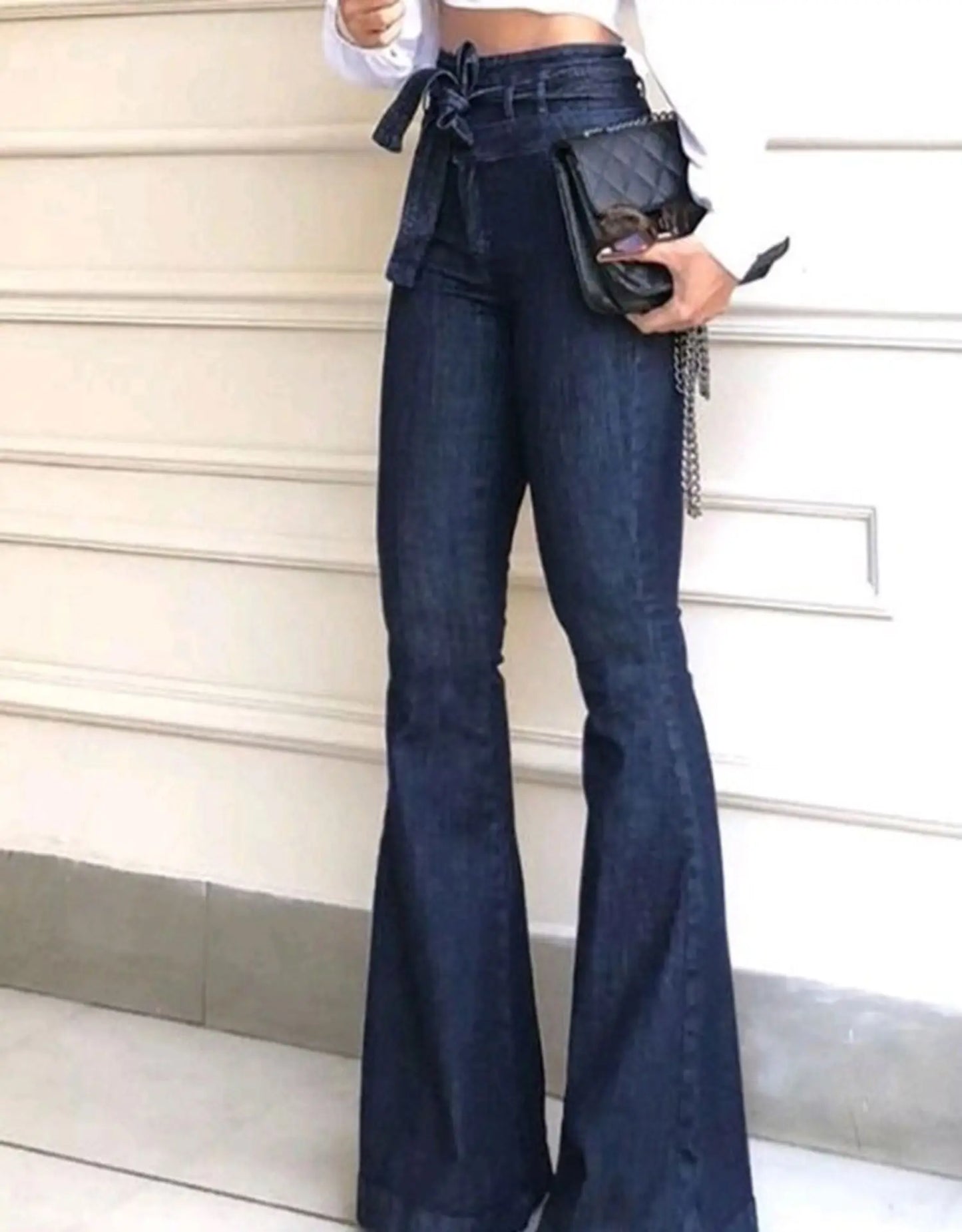Pantalones vaqueros de mujer, de color liso, de cintura alta, acampanados, con cremallera, bolsillos planos, ropa de calle, ajustados, con botones y cinturón ligeramente elástico