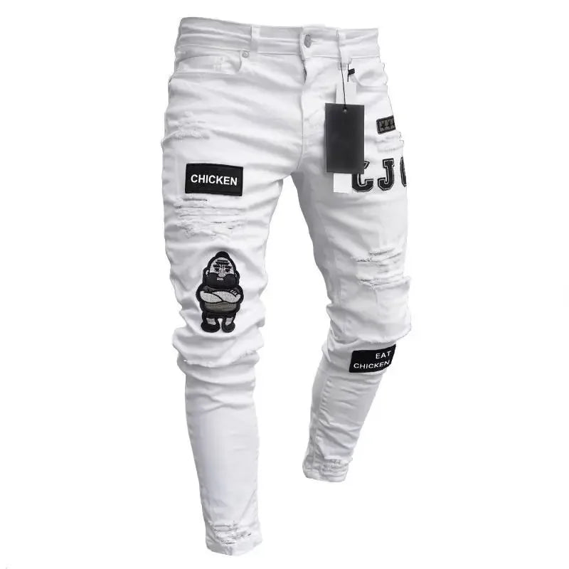 Punk Denim Pants Men Jeans Skinny Ripped Hole Patchwork Slim Pencil Denim Hip Pop Trousers Autumn Plus Size Streetwear Men's
