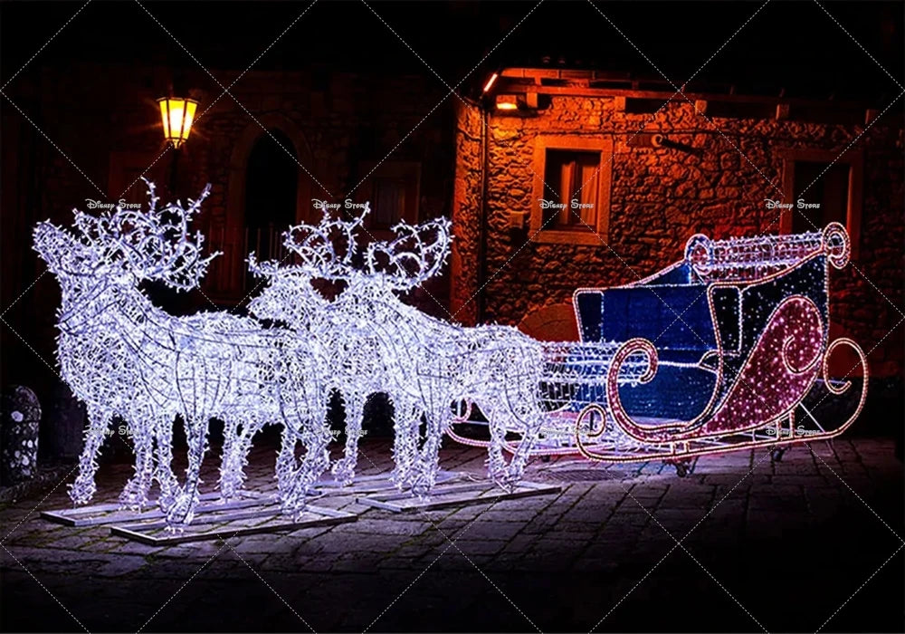 Christmas Reindeer Sleigh Painting Banner Night Elk Lights Christmas Party Photo Home Decoration Photography Background Studio