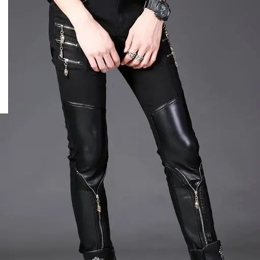 Luxury Men's Jeans Korean Style Slim Jeans for Men New Casual Black with PU Leather Splice and Zipper Desinger Nightclub Pants