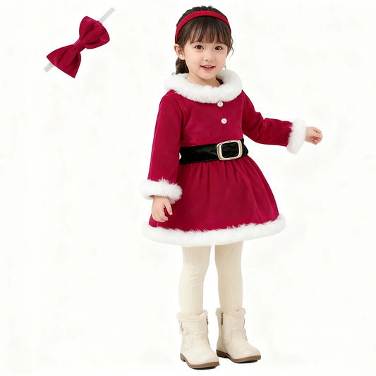 Children Christmas Party Dress Velvety with Fluffy Trim Hooded V-Neck Xmas Gown with Waist Bow Girl Red Christmas Dress