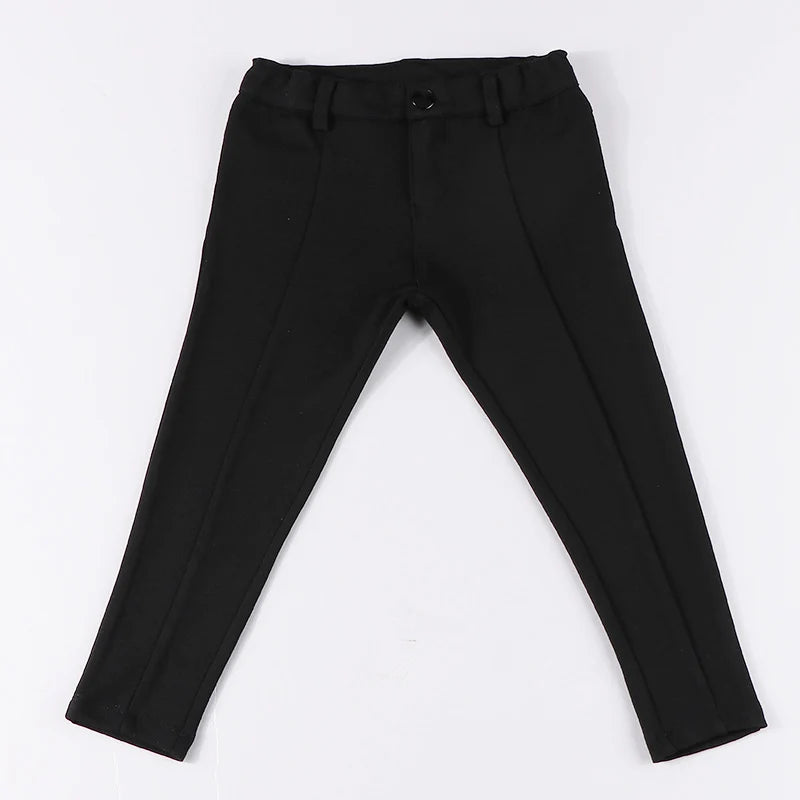 Pantalones largos negros para niños, para todas las estaciones, con cintura elástica alta, a la moda, ropa de verano para niños, con cremallera frontal y abertura.