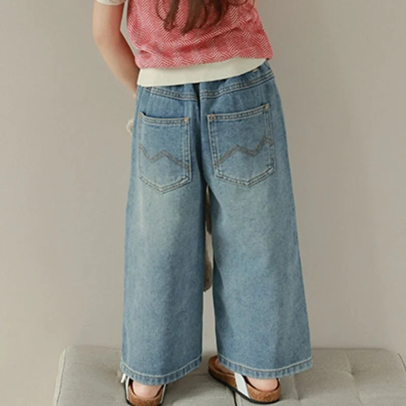 Pantalones vaqueros de cintura alta y pierna ancha para niñas de 3 a 8 años, lisos, con múltiples bolsillos y cintura elástica, pantalones vaqueros casuales de moda para niños.