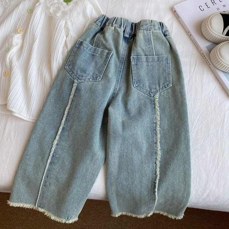 Girls Pants Spring and Autumn New Korean Fashionable All-match Straight Leg Casual Jeans Wide Leg Pants Kids Clothes