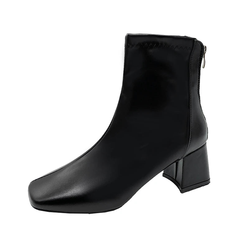 Casual Women's Thick Heel Medium Heel Boots Women's New Winter Square Toe Back Zipper Heightening Short Boots