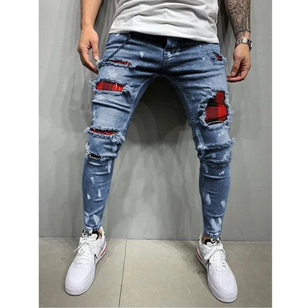 Pantalones vaqueros ajustados de cintura media con agujeros desgastados para hombre, estilo urbano, hasta el tobillo, lavados, 2025