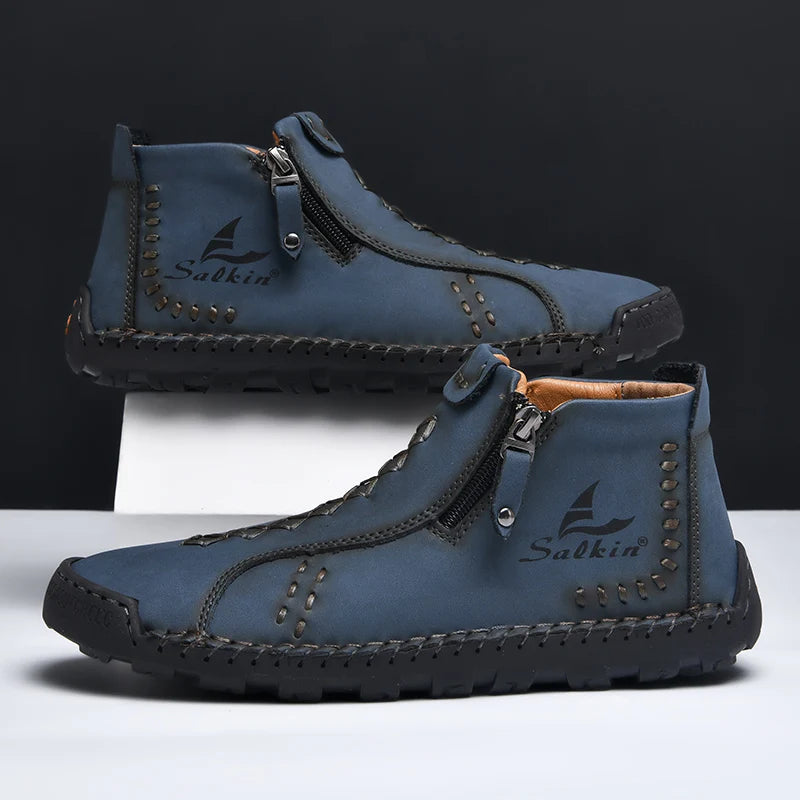 Nuevas botas de invierno hechas a mano en piel para hombre, con diseño de cremallera, transpirables, informales, de piel, botines para hombre, para exteriores