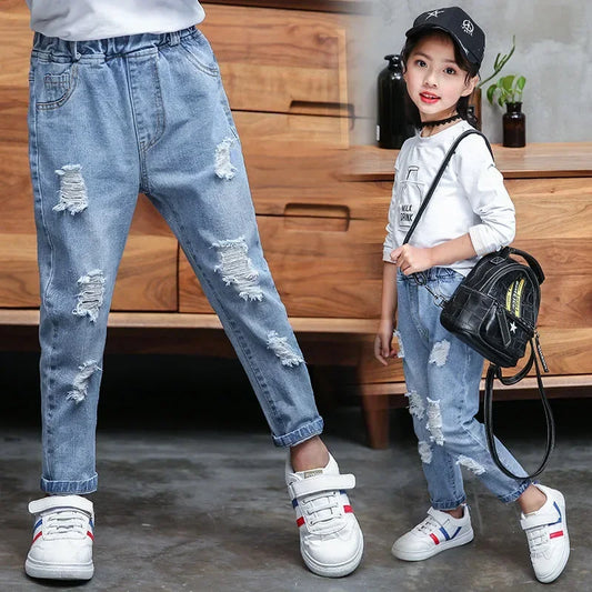 Pantalones vaqueros de moda para niños, vaqueros rotos para adolescentes, pantalones con agujeros, ropa informal para niños, pantalones vaqueros atractivos para primavera y otoño para niños y niñas.