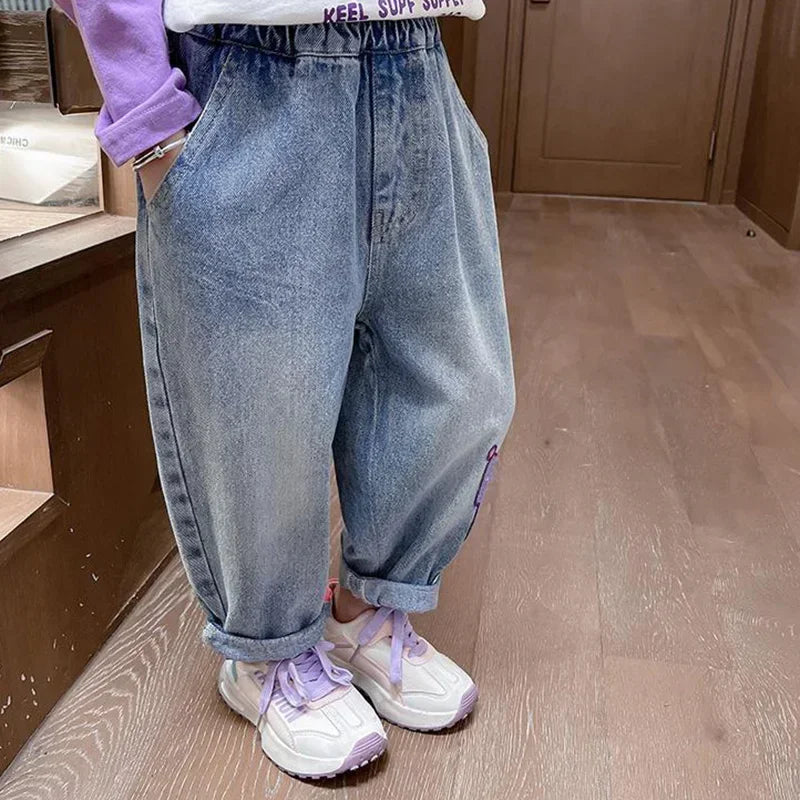 2024 New Sanrio Kuromi Kids Jeans Cute Cartoon Retro Loose Fashion Elastic Waist Children Versatile Jeans Toys for Girl Gifts