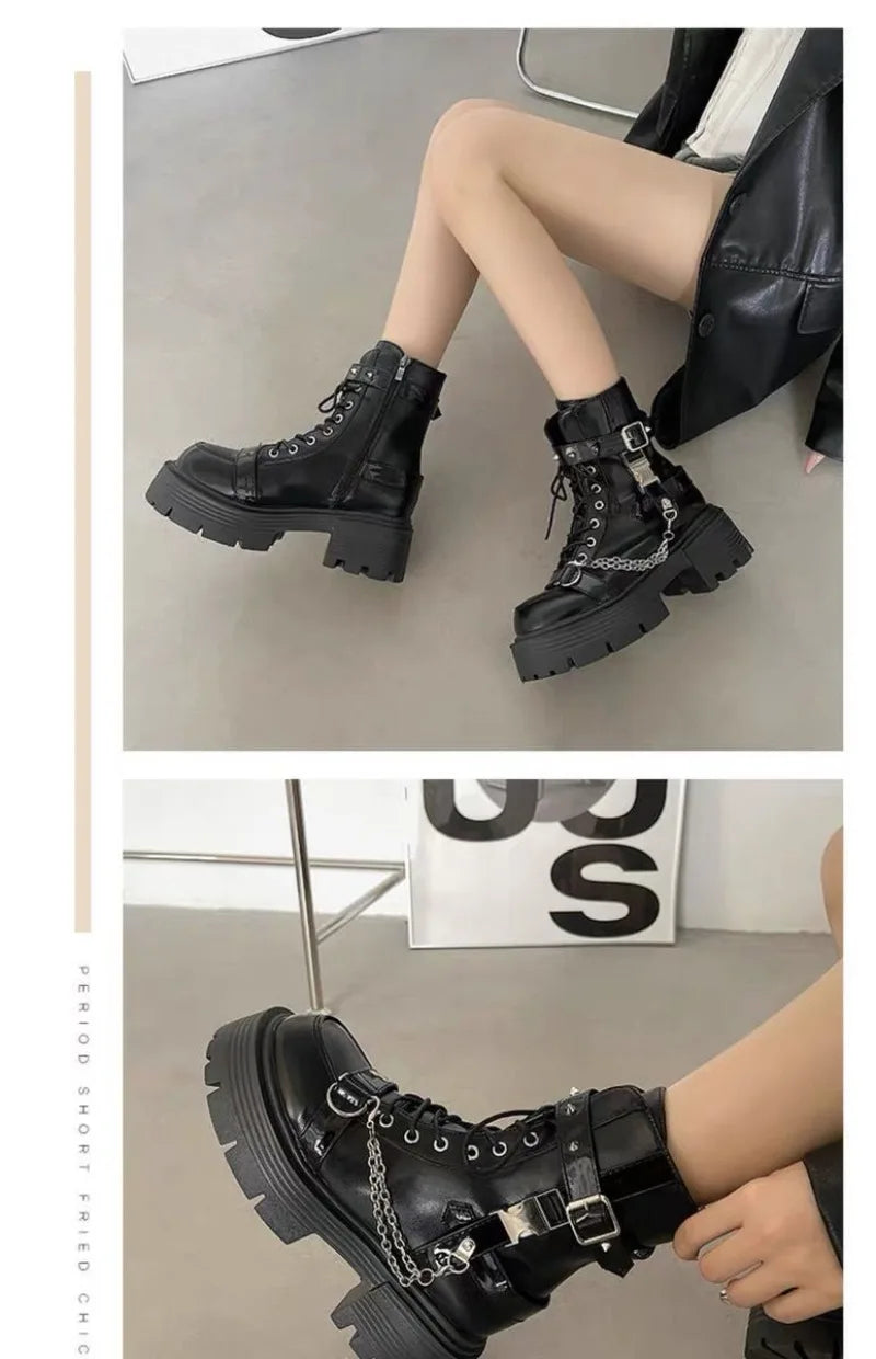 Botas de tobillo para mujer, botas de plataforma góticas de moda, botas cortas británicas, botas de moto para mujer, botas punk con remaches de diseñador, botas