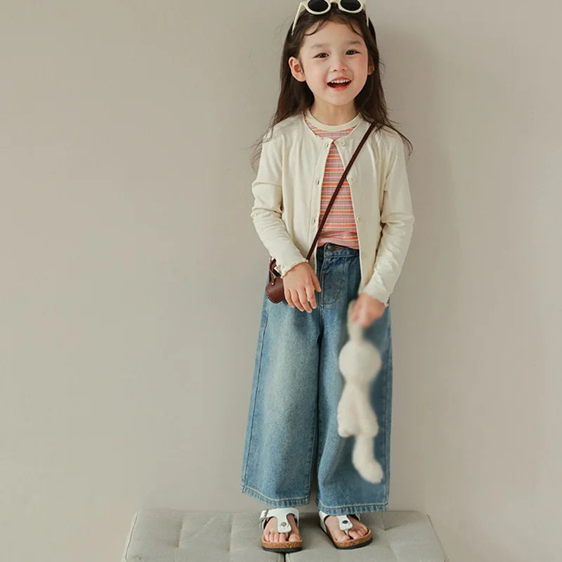 Pantalones vaqueros de cintura alta y pierna ancha para niñas de 3 a 8 años, lisos, con múltiples bolsillos y cintura elástica, pantalones vaqueros casuales de moda para niños.