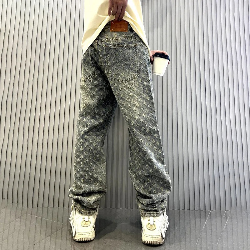 Pantalones vaqueros con estampado jacquard para hombre, rectos, holgados, desgastados y anchos.