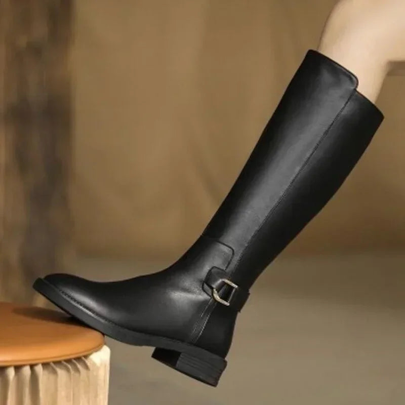 New Pu Leather Knee Boots Shoes for Women Buckle Metal Decoration Fashion Outdoor Ladies Footwear Size 34-41 Long Black Botas