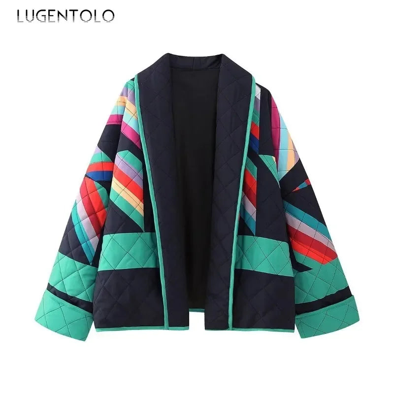 Women Casual Parka Fall-Winter 2024 Fashion Geometric Print Spliced Jacket Vintage Lapel Kimono Cardigan Elegant Thermal Tops