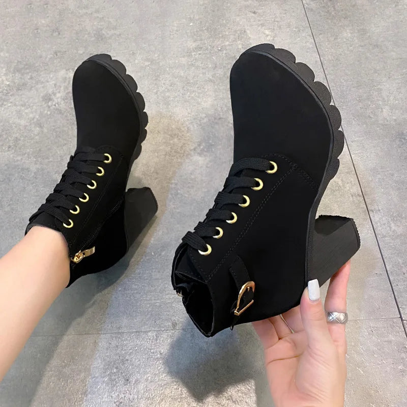Women Boots Lace Up Ankle Boots Spring Fashion Outdoor Pumps Boots Black Buckle High Heel Boot Plus Size Platform Women Shoes