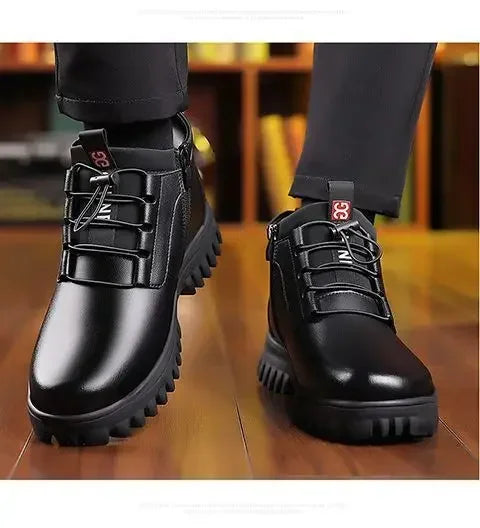 Zapatos de invierno de piel para hombre, de moda, con forro de felpa, cálidos, cómodos, antideslizantes, de algodón, para negocios, para exteriores, informales, botas de nieve, para vacaciones