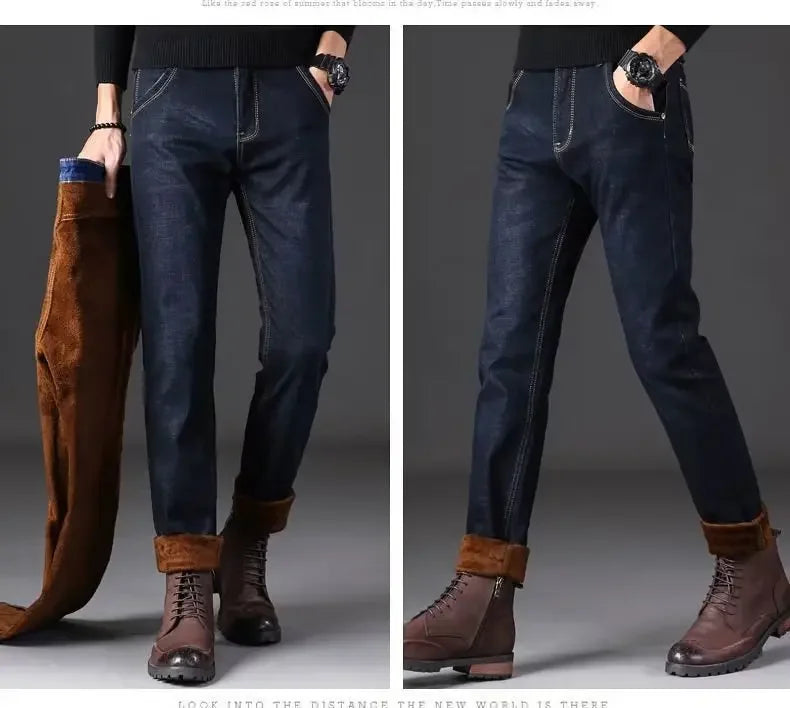 Pantalones vaqueros de invierno para hombre, de franela elástica, de alta calidad, informales, a la moda, Y2K